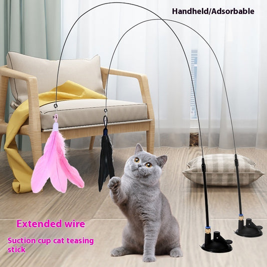 Cat Teaser With Bell Long Brush Holder Suction Cup Self-Hi Bite-resistant Feather