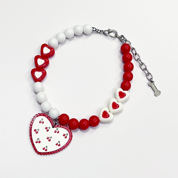 Red Heart Bead Necklace Dog Collar