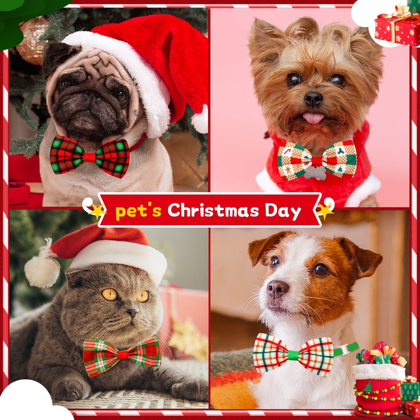 Christmas Plaid Striped Bow Tie Dog Cat One-word Bow Tie Multiple Colors